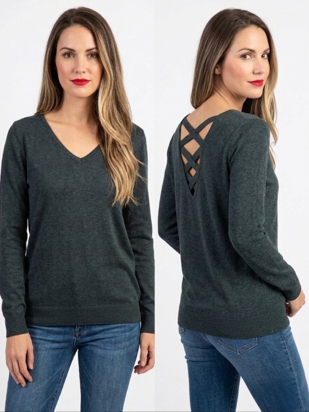 LOVE ELLIE Large Green V-Neck Long Sleeve Sweater with Criss-Cross Back